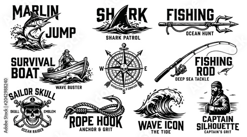 Vintage Marine Adventure and Big Game Fishing Typographic Logos Set