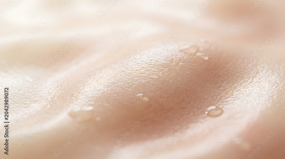 Fototapeta premium Macro close up view of smooth human skin texture with small water droplets on the surface for skincare