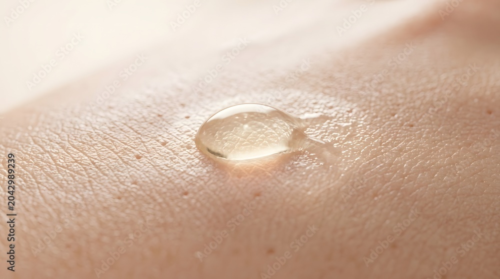 Fototapeta premium Skin texture close up with clear gel serum drop on surface