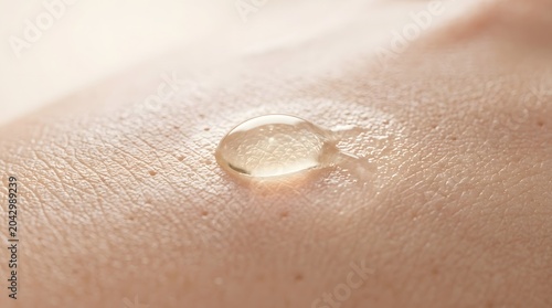 Skin texture close up with clear gel serum drop on surface