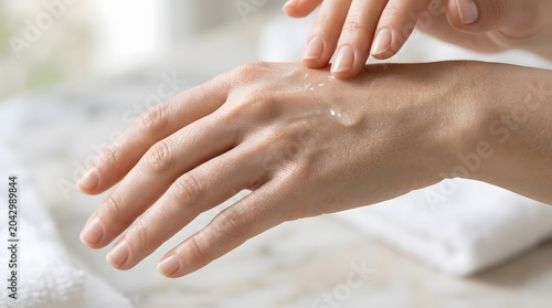Woman applying moisturizing cream or gel to her clean hands for healthy soft skin in a bright light room