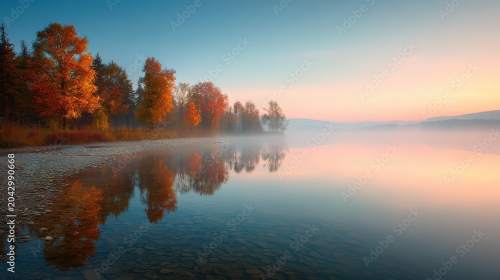 Fototapeta premium A tranquil, misty lake at dawn, with the calm water perfectly reflecting the brilliant colors of the autumn trees on the distant shore. A powerful image for serenity, meditation, and travel concept.
