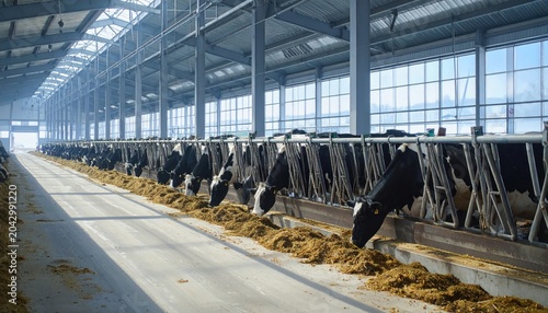 Modern Dairy Farm Barn Interior with Cows Eating Feed