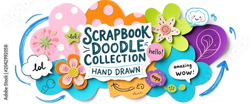 Scrapbook doodle collection hand drawn colorful elements and speech bubbles.