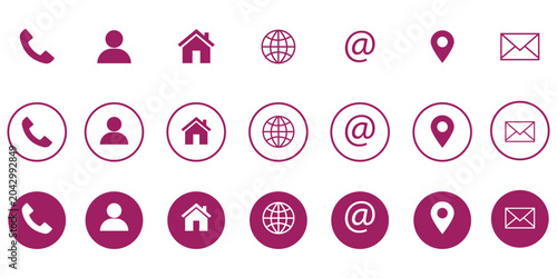 Business icon for company connection set in different style. Name, phone, mobile, place, location, mail, website and message card sign. Contact symbol design template. Vector 10 eps.