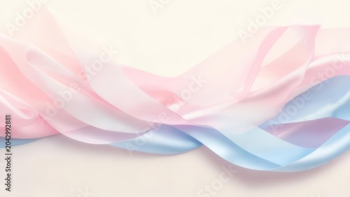 Pastel ribbons in pink and blue cascade against a pale backdrop, elegant and flowing