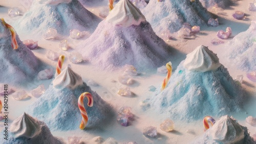 Pastel-colored miniature landscapes of sugar mountains with meringue peaks and candy canes