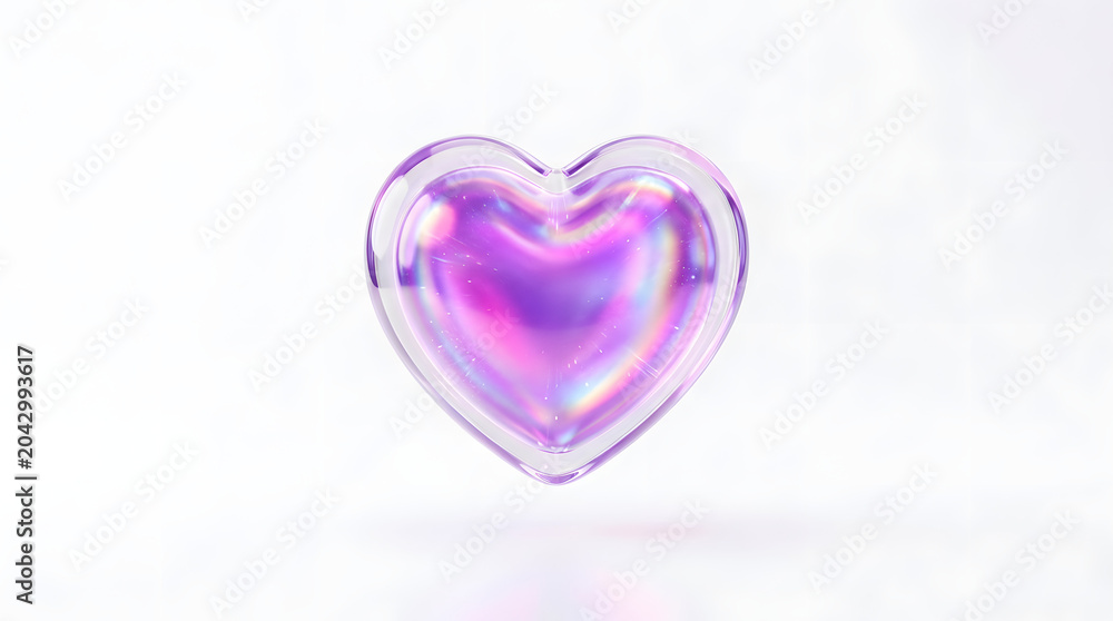 Obraz premium A translucent, iridescent heart-shaped object radiates a soft, ethereal glow, symbolizing love, emotion, and purity.