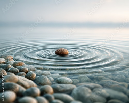 Small pebble creating widening circles ripples across calm pool of water symbolizing customers sharing brand and driving organic growth, word-of-mouth concept for viral marketing and referral advocacy