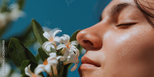 A serene woman with closed eyes breathes in the scent of blooming white flowers under bright sky.