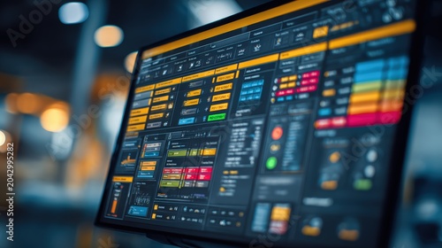 Close-up centralized software platform interface on large screen showing real-time inventory shipment status and automated task assignments perfect for software management unified control logistics.