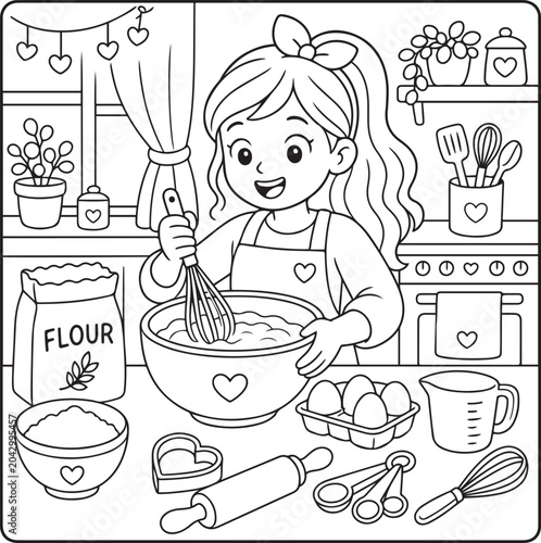 Canvastavla Cozy Girl Moments Coloring Page for Adults and Kids, Relaxing Lifestyle Illustration