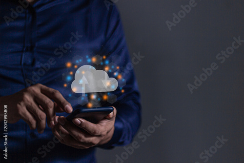 Young man with smartphone mobile hand touching to cloud computing diagram, Data storage, Cloud technology, Cloud Computing Storage