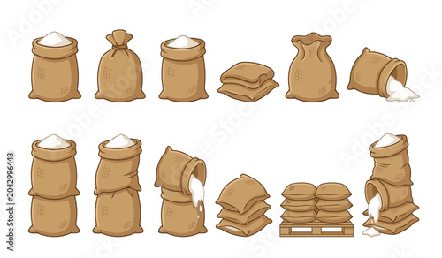 Foto Burlap sack vector agricultural canvas bag set
