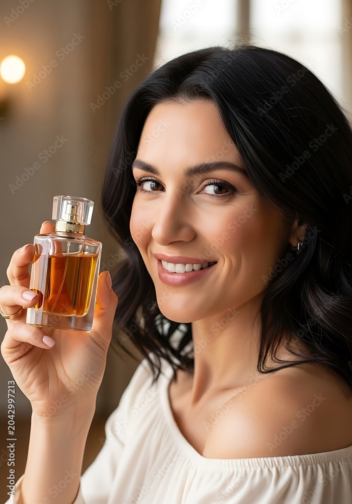 Fototapeta premium Woman holding perfume bottle with a warm smile.