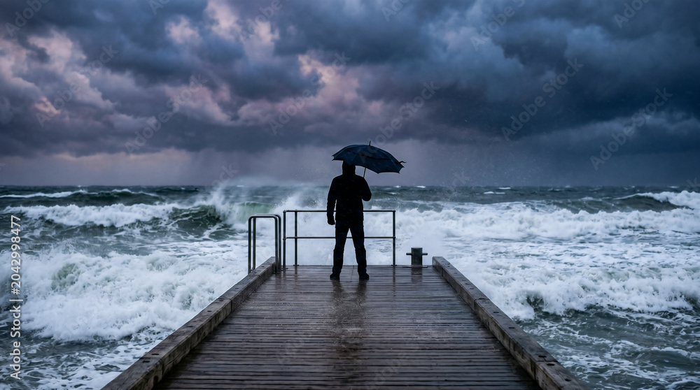 Fototapeta premium Silhouette of a Person Standing Under an Umbrella on a Pier Overlooking a Dark Turbulent Ocean Storm 