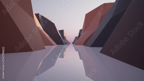 Minimalist geometric canyon reflected in still water at sunset