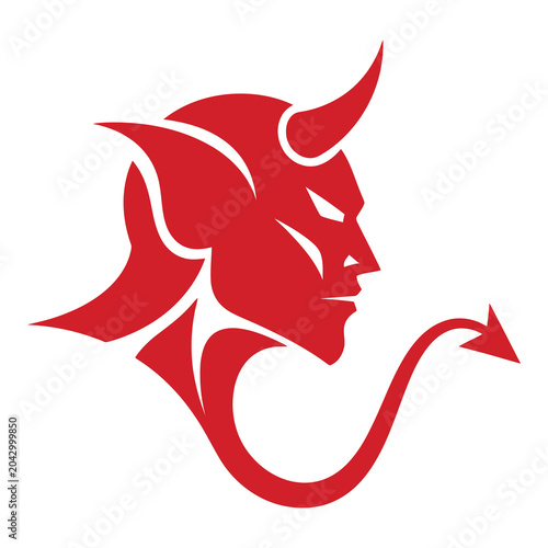 Red devil head silhouette with horns and tail profile view icon
