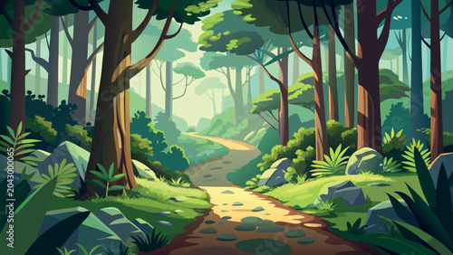 Scenic forest path winding through lush green trees with warm sunlight filtering through the canopy, vector illustration