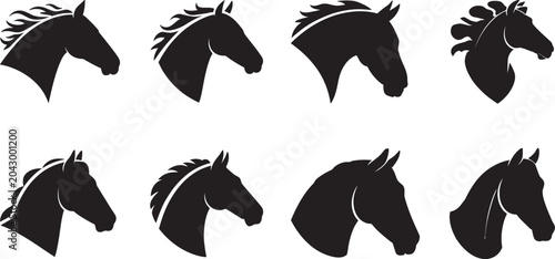 Bild auf Leinwand Horse head silhouette vector set, collection of 8 black stallion profile icons,