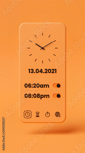 minimalist 3D alarm clock mobile app interface on a bright monochrome orange background
