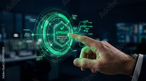 Businessman interacting with holographic approval interface showing credit limit and eligibility score in futuristic office
