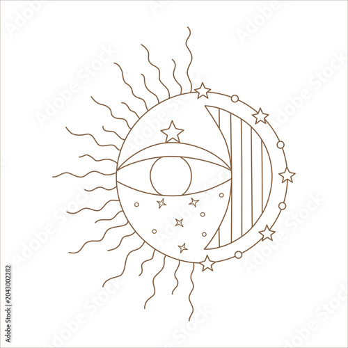 Mystical celestial eye line art featuring a crystal, moon phases, and stars. A Bohemian esoteric vector illustration perfect for tarot cards, fortune telling, astrological imagery, divination and more