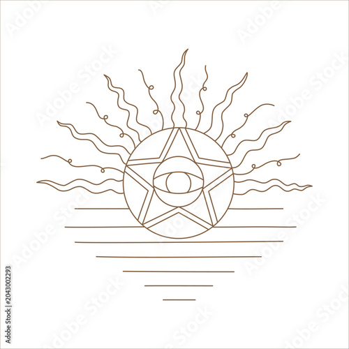 Mystical celestial eye line art featuring a crystal, moon phases, and stars. A Bohemian esoteric vector illustration perfect for tarot cards, fortune telling, astrological imagery, divination and more