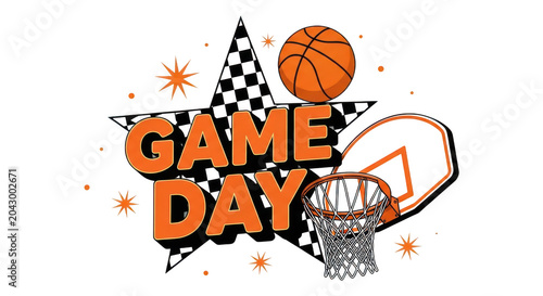 Vibrant game day illustration with basketball hoop and ball isolated on transparent background