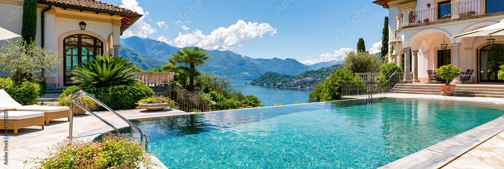 Fototapeta premium Luxurious italian villa estate on lake como with infinity swimming pool and stunning mountain views