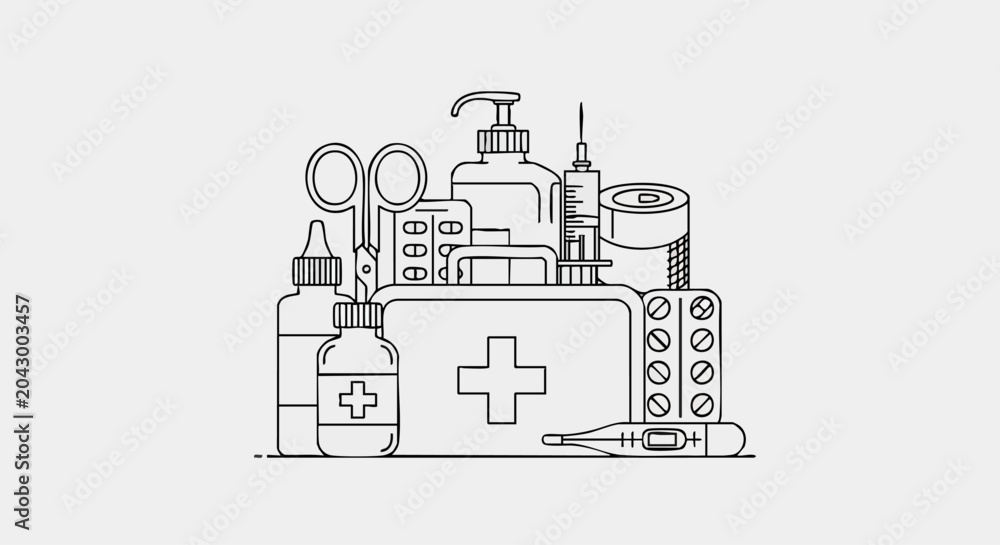Naklejka premium Medical first aid kit box with various healthcare equipment and medicine.