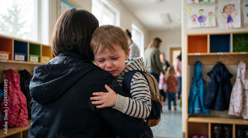 Crying toddler clinging to mother at daycare entrance: separation anxiety and morning drop-off struggle concept
