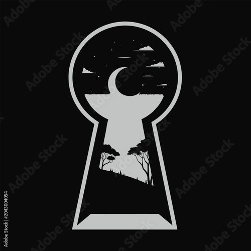Keyhole silhouette revealing a night landscape with crescent moon and trees in minimalist monochrome vector style