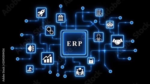 E R P system integration concept with business and global network connections enterprise resource planning.4k animation video