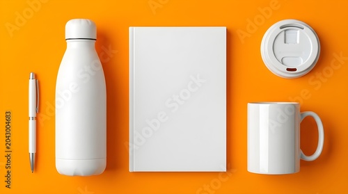 Flat lay of white office supplies on orange background including notebook, water bottle, coffee cup, and pen