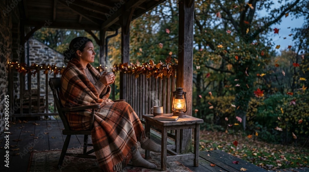 Obraz premium Woman Wrapped in Blanket Drinking Tea on Autumn Veranda Overlooking Garden