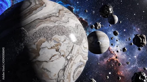 Planets, asteroids, and colorful nebula in vast deep space