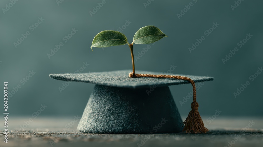 Obraz premium A graduation cap with a green sprout growing from its top symbolizing growth, education, new beginnings, and sustainability in learning and personal development.