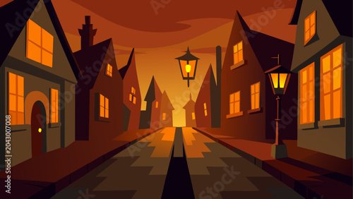 Tableau sur toile Cozy village street at sunset