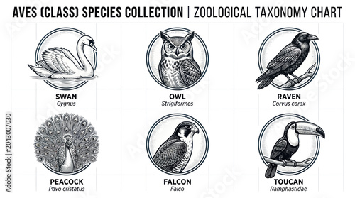 Canvastavla Avian Species Collection: Zoological Taxonomy Chart with Swan, Owl, Raven, Peaco