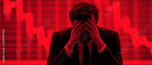 Stressed Businessman in Suit Holding Head With Declining Stock Market Graph in Background Financial Crisis Trading Loss Concept
