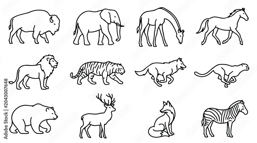 Fototapeta premium Minimalist wild animal line icons, set of 12 black outline wildlife vector illustrations, safari and forest fauna collection for educational design