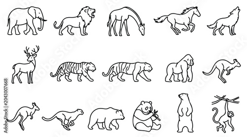 Canvas Print Minimalist wild animal line icons, set of 16 black and white wildlife vector ill