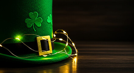 Festive green leprechaun hat with shamrock and gold buckle illuminated by fairy lights for St. Patri