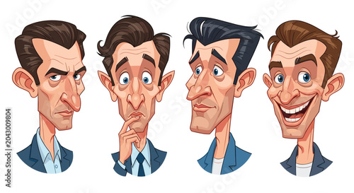 Set of four cartoon caricatures of a man showing different funny facial expressions including serious, thinking, and laughing.