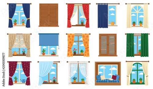 Cuadro en lienzo Window curtain vector interior icon set