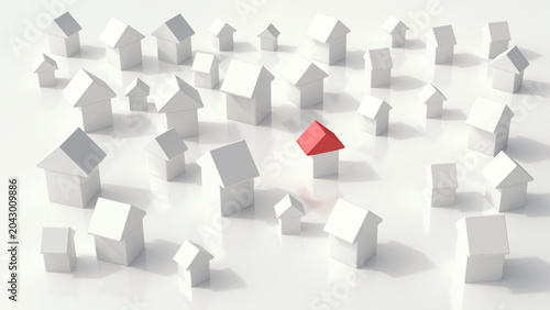 Group of one-family houses on white ground, 3D Rendering