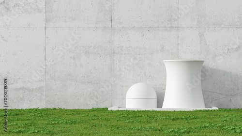 3D Illustration, nuclear power station, concrete wall and meadow