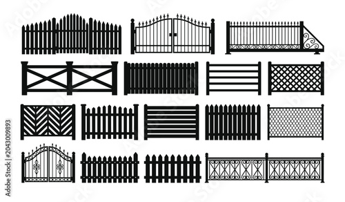 Tableau sur toile Fence and gate vector black silhouette icon set