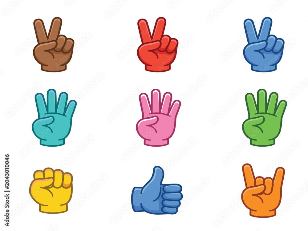 Fototapeta premium Hand gesture vector cartoon icon set. Peace sign, counting fingers, fist, thumbs up, rock on horns, colorful hands, communication body language symbols and success emoji graphics.
